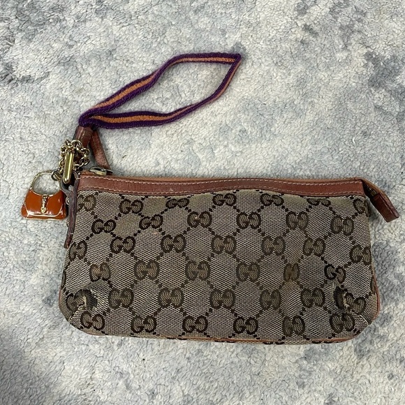 GUCCI Sherry Line GG Canvas Pouch Purple Orange Wristlet Purse Charm - Picture 1 of 17